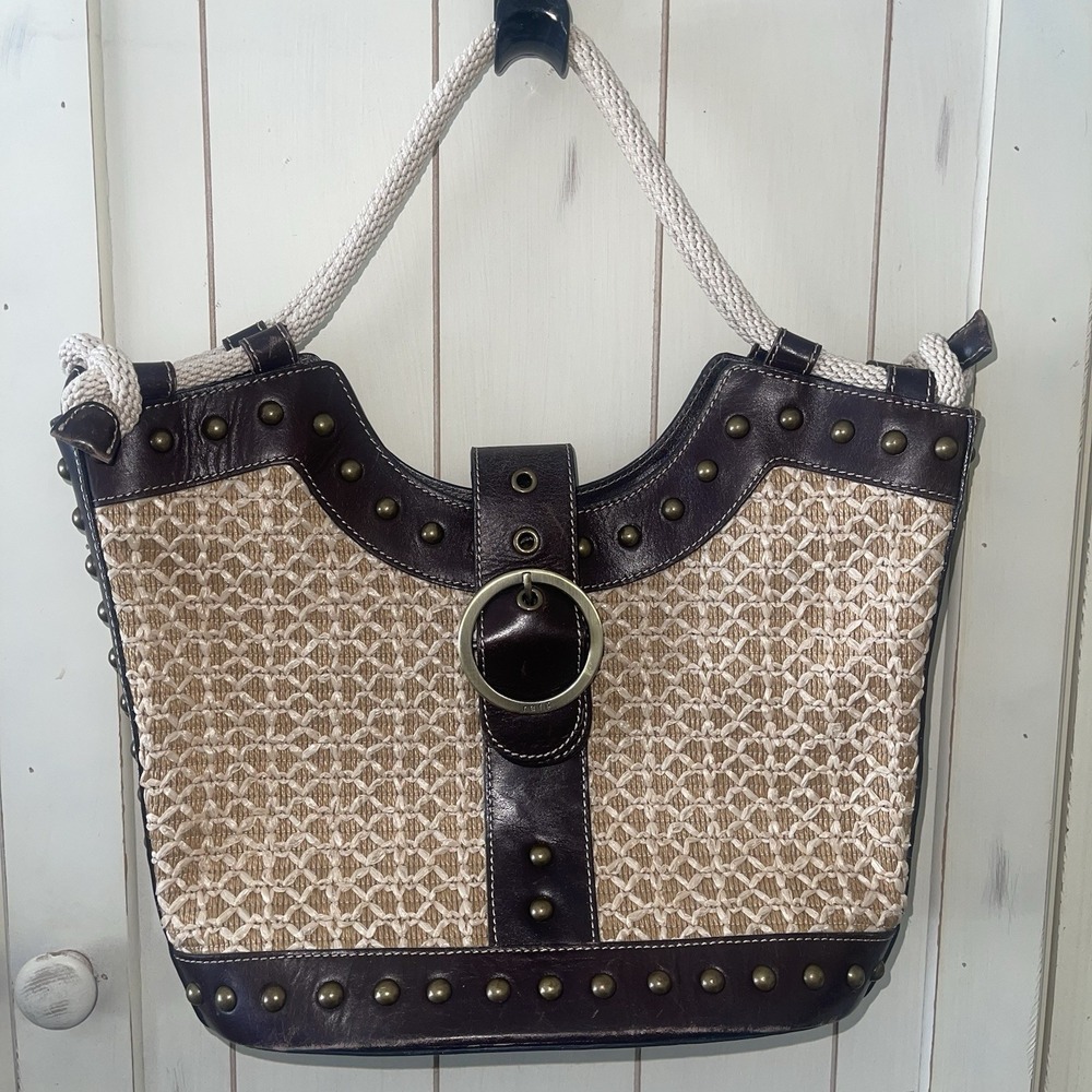 Rafe VTG Buckle Woven Rattan & Leather Purse Rope Handles Preppy Boho Chic